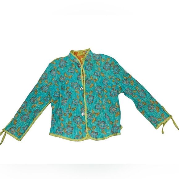 Reversible Orange Blue Floral Light Jacket Spring Coat Two Sided Three Button Up - Picture 6 of 10